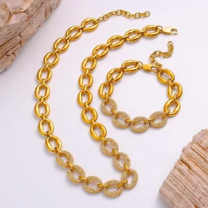 Fashion Jewelry Sets Gold Plated Stainless Steel Hip hop Zircon Chain Necklace and Bracelet Jewelry Sets for Women