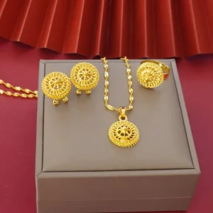 Fashion Jewelry Sets Gold plated Necklace Pendant Earrings Ring Three piece Jewelry Set