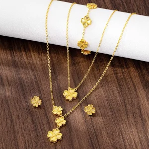 Fashion Jewelry Sets New Sand Gold Flower Necklace Trendy Light Luxury Earrings Bracelet Set