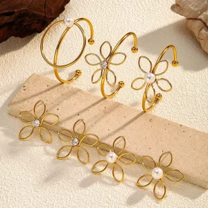 Fashion Jewelry Sets New Stainless Steel Hollow Flower Earrings and Bangle Bracelet for Women Elegant Jewelry