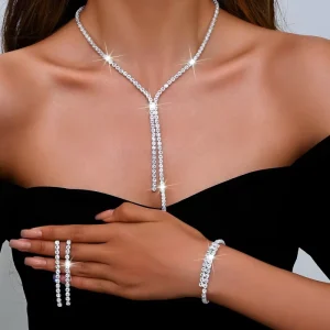Fashion Jewelry Sets Rhinestone Long Tassel Necklace Earrings Bracelet Jewelry Set Copper Jewelry