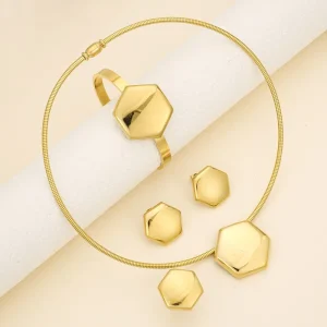Fashion Jewelry Sets for Women Stainless Steel 18K Gold Plated Geometric Necklace Bangle Earrings Ring Elegant Fine Jewelry Set