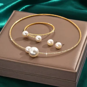 Fashion Jewelry Simple Bridal Jewelry Elegant Sparkling Rhinestone Pearl Collar Necklace Earrings Bracelet for Women