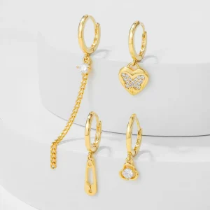 Fashion Jewelry Simple Geometric Shape Four Piece 18K Gold Plated Brass Earrings Set Heart Zircon Earrings Earrings for Women