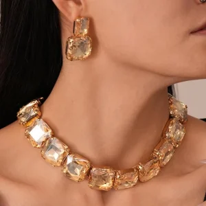 Fashion Jewelry Square Crystal Diamond Studded Earrings Necklace Set