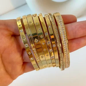 Fashion Jewelry Stainless Steel Cubic Zircon Bangles 18K Real Gold Plated Waterproof Anti Tarnish Jewelry Bracelets & Bangles
