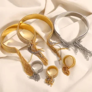 Fashion Jewelry Stainless Steel Gold Bead Tassel Bracelet and Ring Jewelry Set for Gift