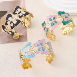 Fashion Jewelry Stainless Steel Oil Drop Painted Open Bracelet Exaggerated Women’s 18K Gold Plated Bracelet