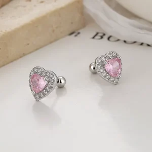 Fashion Jewelry Sterling Silver 925 Glitter Pink Heart Earrings Piercing Jewelry for Women