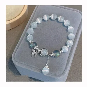 Fashion Jewelry Stone Beaded Elastic Charm Bracelets Blue Opal Butterfly Moonlight Bracelets for Women
