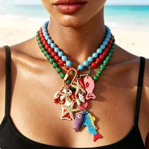 Fashion Jewelry Summer Beach Vacation Fun Small Fish Starfish Shell Pendant Bead Necklace Resin Beaded Women Boho Necklaces