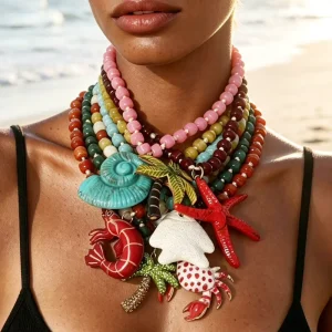 Fashion Jewelry Summer Vacation Marine Pendant Colorful Bead Necklace Necklaces Animal Sea Shell Beaded Pendant Necklaces