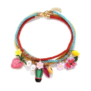 Fashion Jewelry Sweet Cool Stacked Strawberry Cactus Flower Pendant Necklace Multi Layer Rope Fruit Flower Necklace
