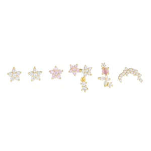 Fashion Jewelry Sweet Simple Set Earrings 18K Gold Plated Brass Earrings Flower Zircon Six Piece Earrings for Women