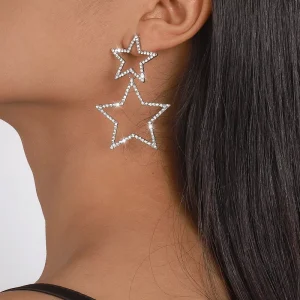 Fashion Jewelry Temperament Shinny Rhinestone Double Star Drop Earrings Trendy Europe and American Women Pendant Earrings