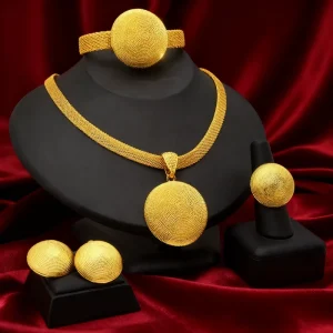 Fashion Jewelry Trendy 18K Gold Plated Link Chain Women’s Four-piece Set Bridal Party Necklace Earrings Ring Bracelet