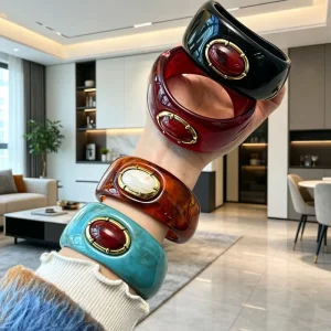 Fashion Jewelry Vintage Bezel Inlaid Color Gem Agate Texture Resin Bangles Wide Bracelet Contrast Acrylic Bangle Jewelry