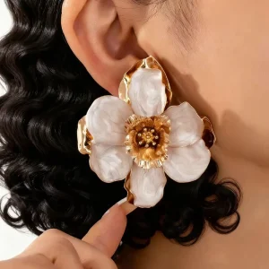 Fashion Jewelry Vintage Red Enamel Flower Earring Bohemian Ethnic 18K Gold Punk Big pink Flower Stud Earrings Jewelry