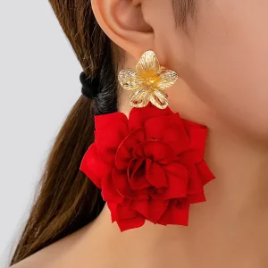 Fashion Jewelry Vintage Retro Palace Flower Earrings Elegant Winter New Rose Flower Red Fabric Boho Earrings