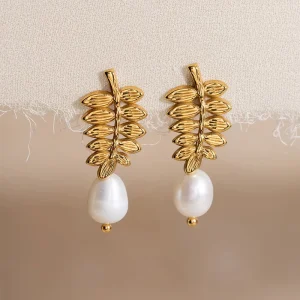 Fashion Jewelry Waterproof 18k Gold Plated 316L Stainless Steel Drop Dangle Leaf Design Natural Pearl Earrings for Women