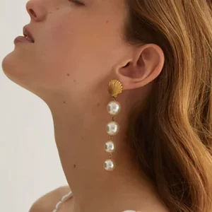 Fashion Jewelry Waterproof Non Tarnish Minimal 18k PVD Gold Stainless Steel Earring Shell Pearl Tassel Long Dangle Earrings