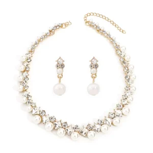Fashion Jewelry Women Crystal and Pearl Beaded Charm Necklace Earring Set