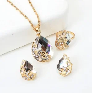 Fashion Jewelry Women Wedding Bridal Elegant Crystal Teardrop Pendant Necklace Dangle Earrings Set