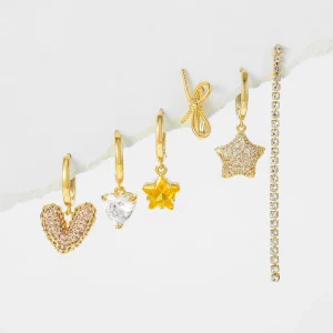 Fashion Jewelry Zircon Love Earrings 18K Gold Plated Brass Earrings Five Pointed Fringe Six Piece Set Earrings for Women
