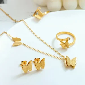 Fashion Jewelry and Accessories Gold Plated Stainless Steel Butterfly Necklace Earrings Rings Charm Pendant Women Jewelry Set