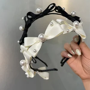 Fashion Knitted Black Simple Beautiful Girl Hair Band Flower Pearl Hair Accessories Hair Band