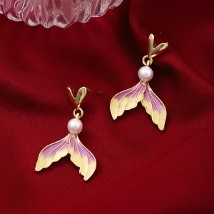 Fashion Korea Heart Shape Drop Earrings for Women Pearl Purple Gradient Fish Tail Drop Earrings