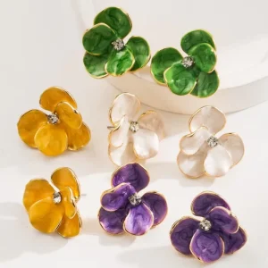 Fashion Korean Crystal Rhinestone Enamel Flower Stud Earrings for Women Party Jewelry