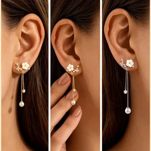 Fashion Korean Flower Pearl Tassel Drop Earrings 18K Gold Plated Copper CZ Leaf Long Dangle Bridal Wedding Jewelry Tarnish Free