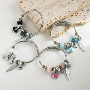 Fashion Korean Stainless Steel Open Bracelet butterfly Crystal Feather Bracelet Women’s Bracelet