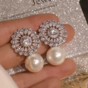 Fashion Korean White Pearl Drop Earrings for Women 3A Zirconia Round Imitate Fresh Water Pearl Earrings