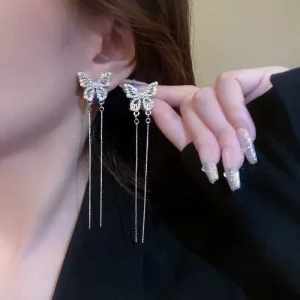 Fashion Korean Women Statement Crystal Pearl Butterfly Long Tassel Earring Party Daily Wear Long Earring