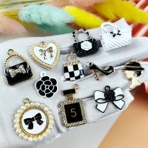 Fashion Lady Black White Makeup Charms Girls DIY Fancy Metal Charms Purse Bag Hat Bow Shoes Perfume Charms Jewelry Accessories
