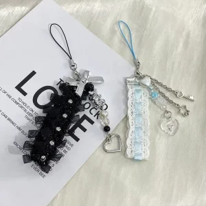 Fashion Lady Keychain Pendant Woman Pendant for Keychain Lace Ribbon Pearl Bow Keychain Mobile Phone Pendant Cloth