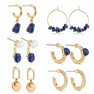 Fashion Lapis Blue Stone Earrings Minimal Gold Color Hoop Stud Jewelry Earring Set for Women