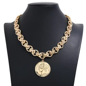 Fashion Large Costume Jewelry Hiphop Necklace Gold Color Head Coin Charm Necklace
