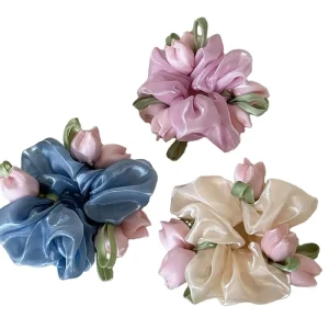 Fashion Large Flower Scrunchies Summer Spring Hair Band Flower Elastic Hair Rope Elegant Headwear Hair Ties for Women Girls
