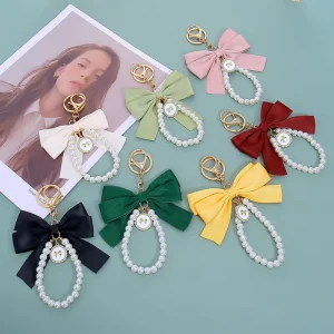 Fashion Large Pearl Ribbon Bow Keychain with Metal Lobster Clasp Trendy Colorful Woven Ribbon Knot Key Chain
