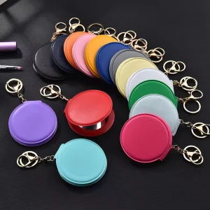 Fashion Leather Small Portable Folding Double-sided Makeup Mirror Keychain Pendant Round PU Pocket Mirror with Keyring