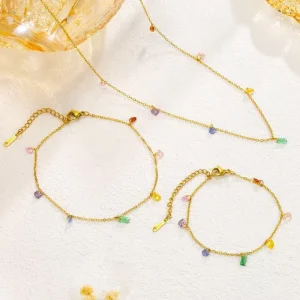 Fashion Light Luxury Charm Girl Color Zircon Fringe Necklace Bracelet Anklet 18K Gold Stainless Steel Zircon Necklace