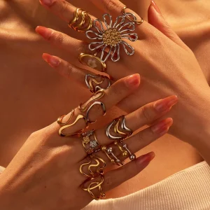 Fashion Line Design Womens Fancy Rings Stainless Steel Adjustable Opening Irregular Hollowed Minimalist Style Rings Jewelry