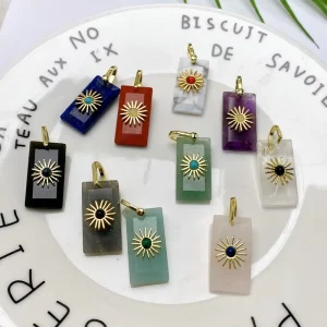 Fashion Long Square Natural Gemstone with Sun Charms Energy Stone Pendants Necklace Jewelry