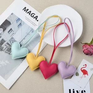 Fashion Love Heart Shape PU Leather Keychain Hanging Bag Pendant Key Ring Ornament Wristlet Bag Charm Bag Accessories