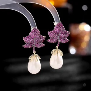 Fashion Luxury 14K Gold Plated Sterling Silver Bohemian Cubic Zircon Maple Leaf Freshwater Pearl Drop Dangle Earrings