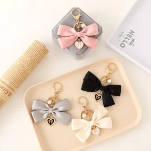 Fashion Luxury Cheerleading Bow Keychain Cute Handbag Bag Charm Pendant Pearl Key Chain Handmade Bowknot Key Ring Heart Keychain