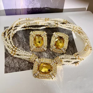 Fashion Luxury Flower Zircon Pendant Pearl Stainless Steel Jewelry Set